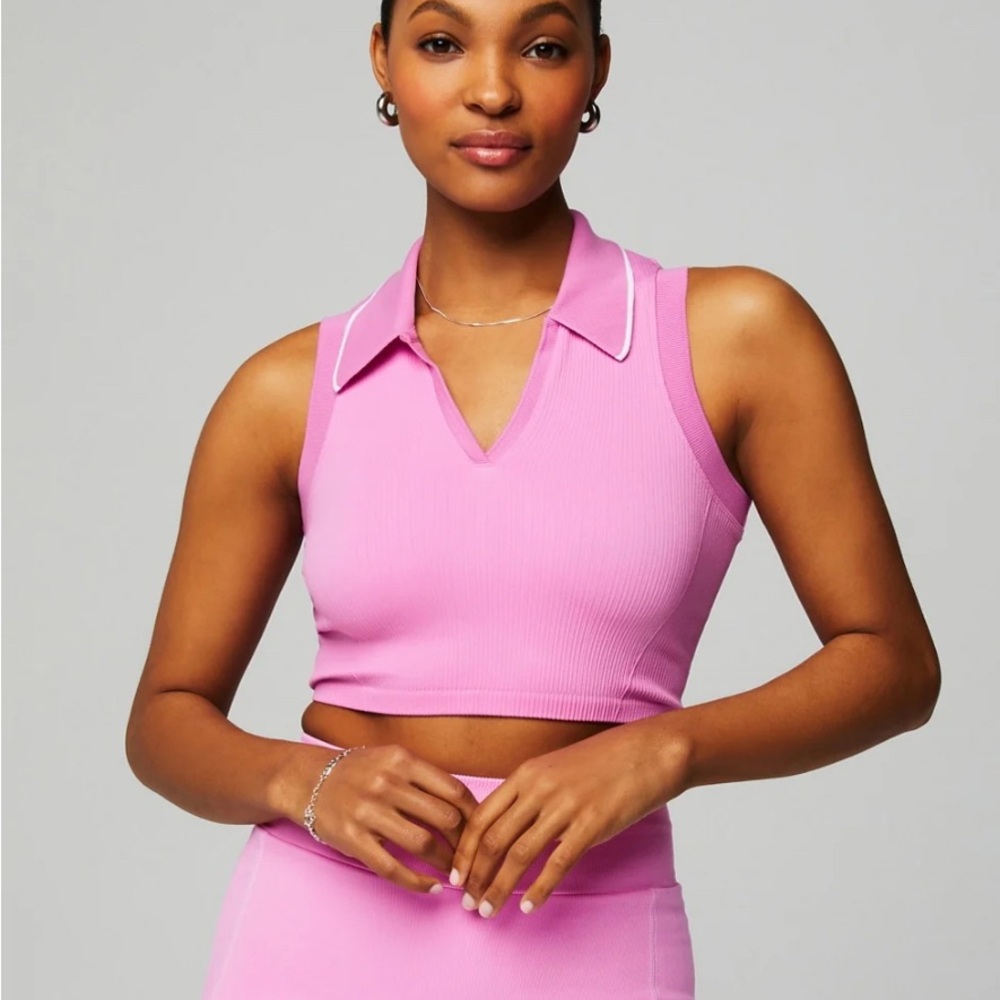 Fabletics Pink Ribbed polo crop Top